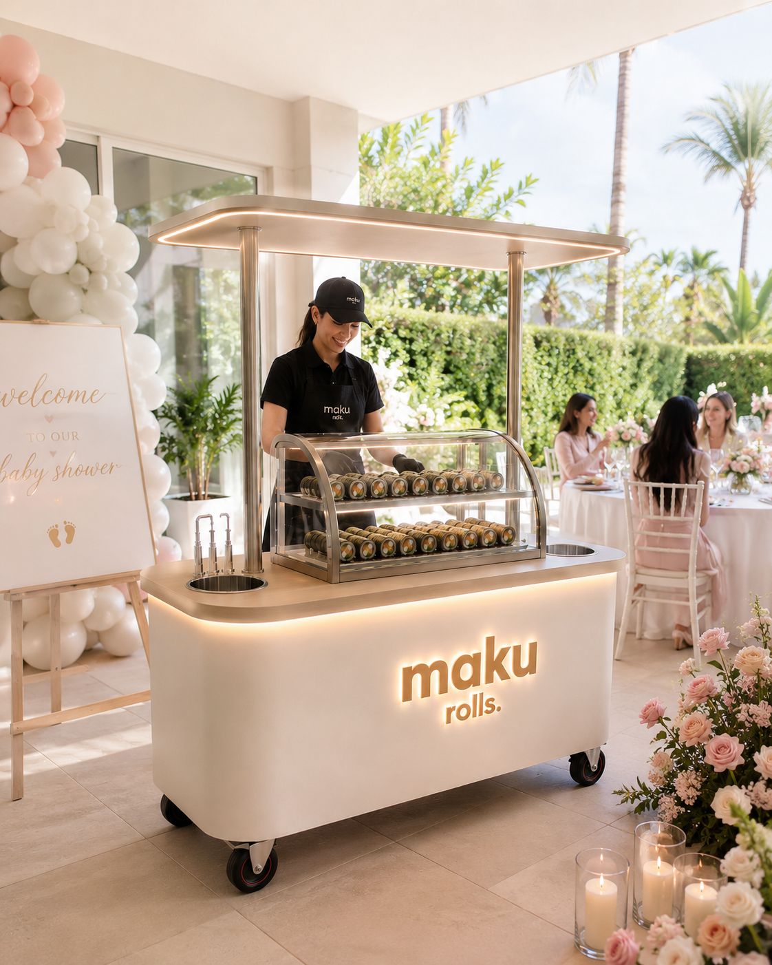 maku rolls cart at a showers event