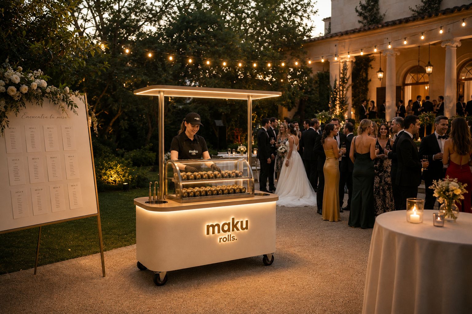 MAKU rolls cart serving guests at an outdoor wedding